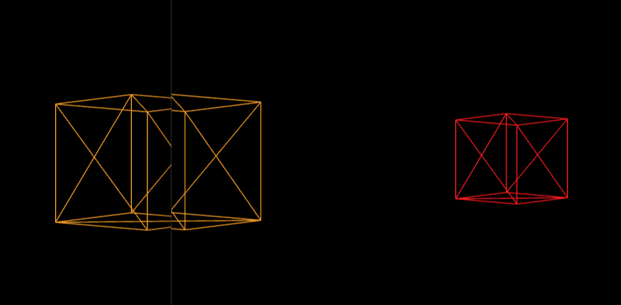 Two black screens showing an orange and red wireframe cube in each. The orange wireframe cube is half in one screen, half in another.